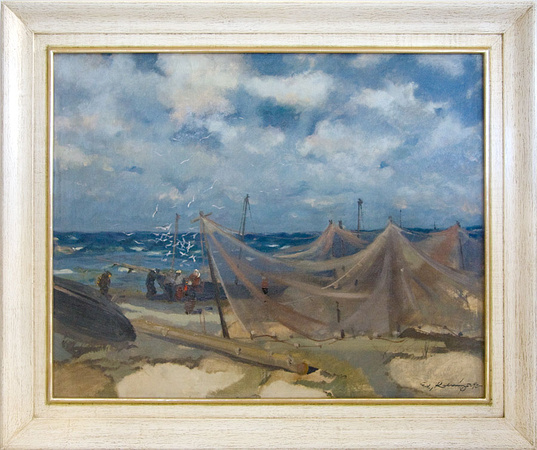 European seascape with gesso and gilt frame